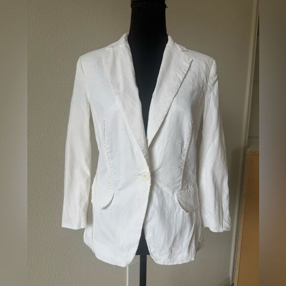 Bebe Women’s Linen Blend Blazer Jacket Sz 10 Ivory Italian Fabric Office Career - Picture 1 of 6